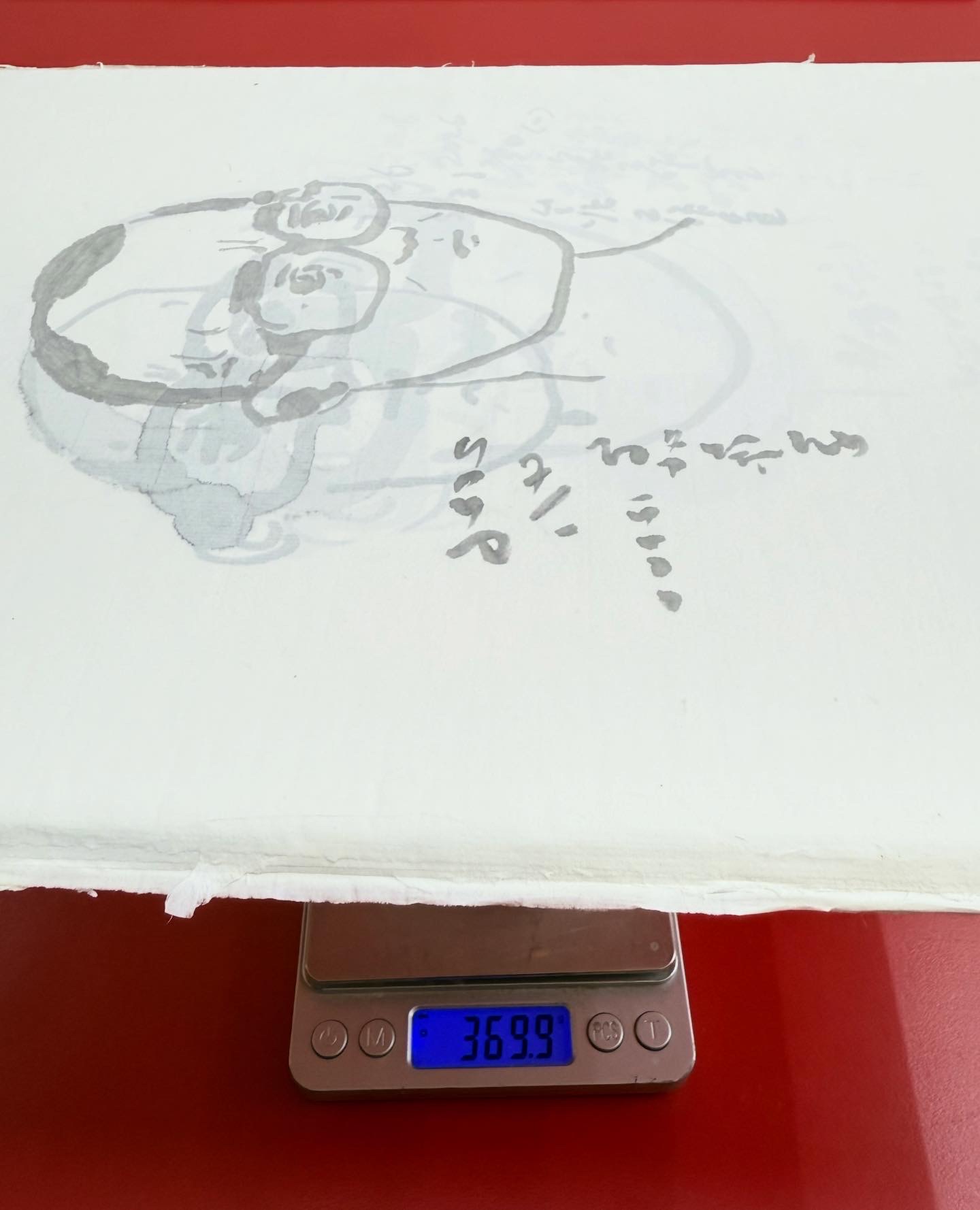 《自畫像5》較早階段的紙張堆疊重量量測:369.9公克